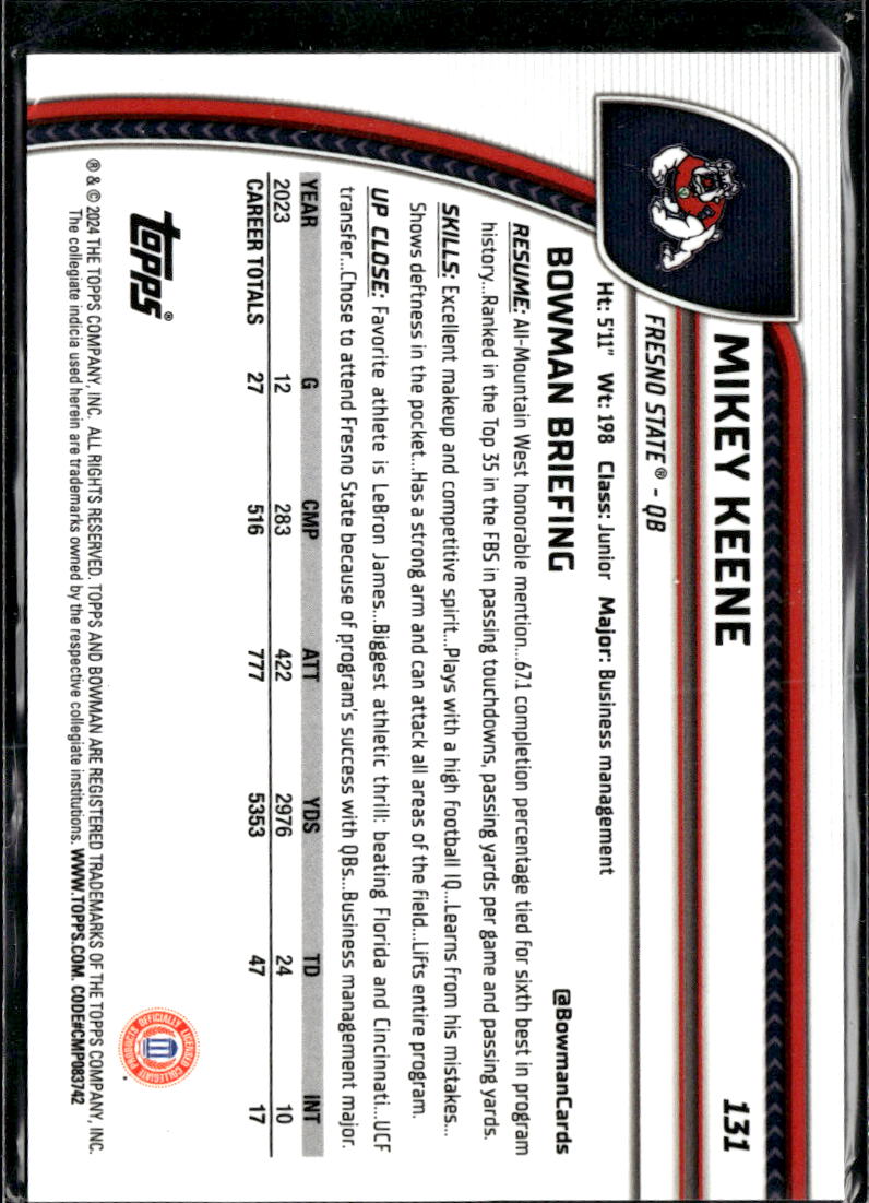 Mikey Keene 2024 Bowman Chrome 1st Aqua /275 Fresno State Bulldogs
