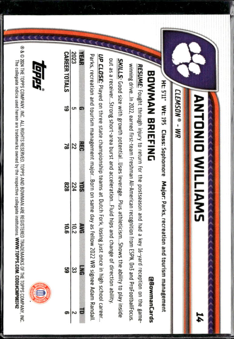 Antonio Williams 2024 Bowman Chrome Blue Shimmer /175 Clemson Tigers
