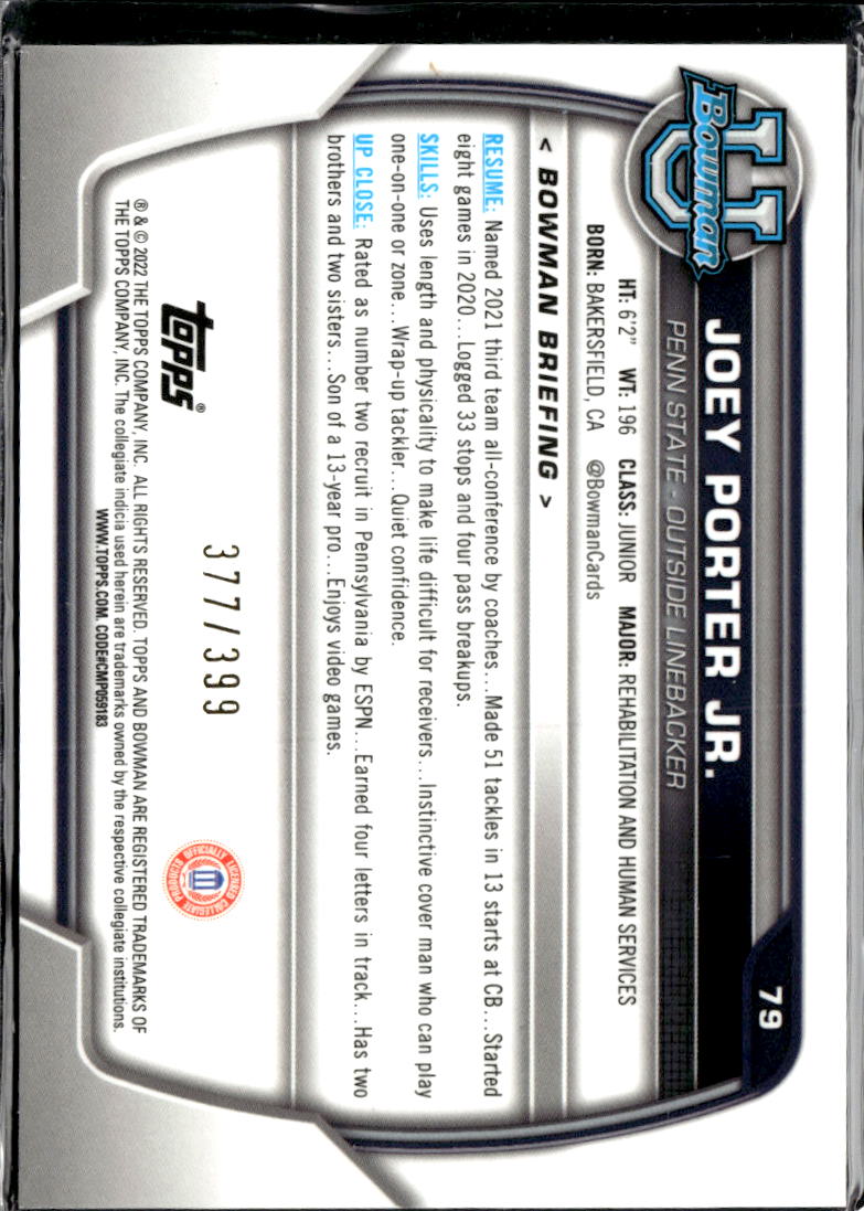Joey Porter Jr. 2022 Bowman Chrome 1st Purple Shimmer /399 Penn State