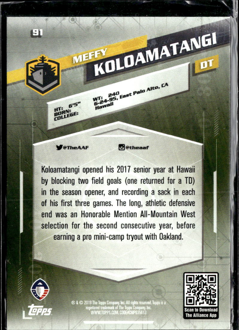 Meffy Koloamatangi 2019 Topps Alliance of American RC /50 Salt Lake Stallions