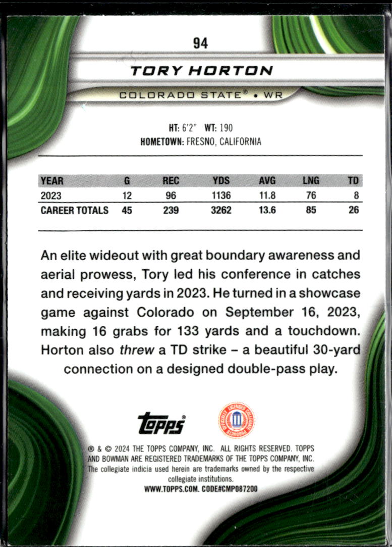 Tory Horton 2024 Bowman's Best Green Refractor /99 Colorado State Rams