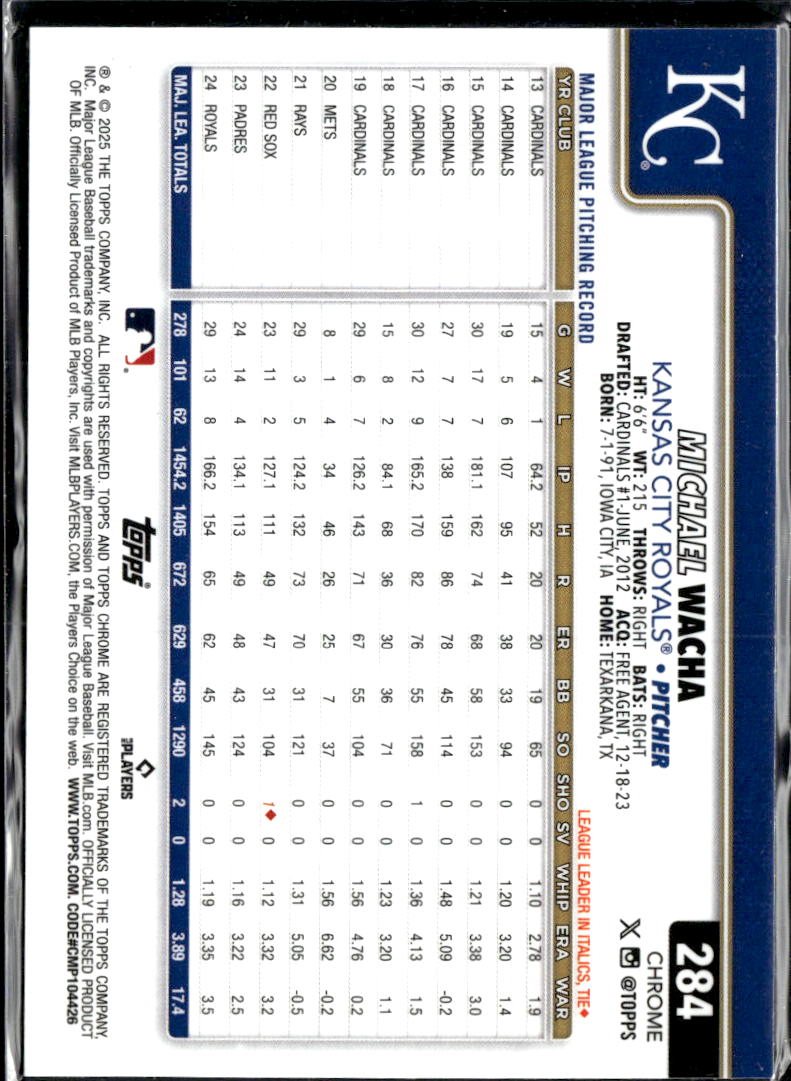 Michael Wacha 2025 Topps Chrome Blue Refractor /150 Kansas City Royals