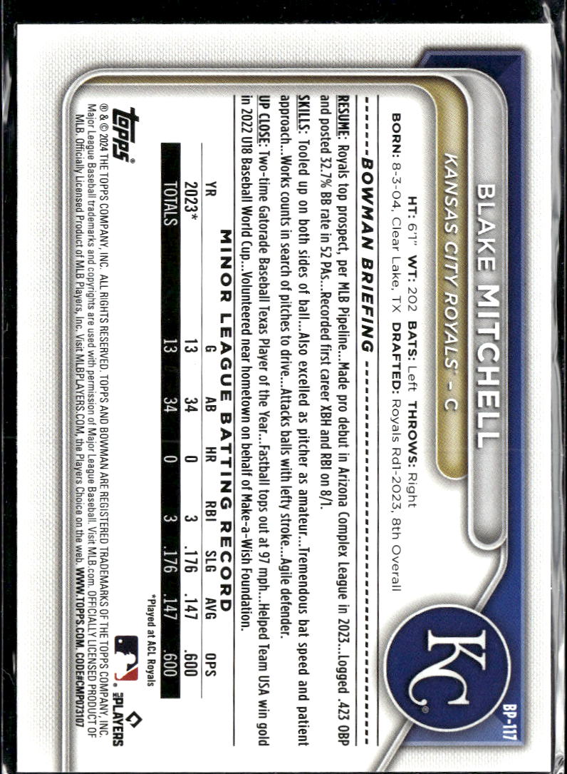 Blake Mitchell 2024 Bowman Sky Blue Border /499 Kansas City Royals