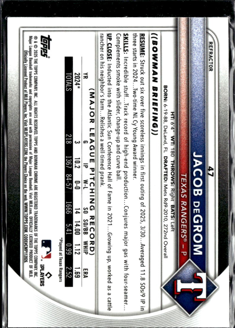 Jacob deGrom 2025 Bowman Chrome Refractor /499 Texas Rangers