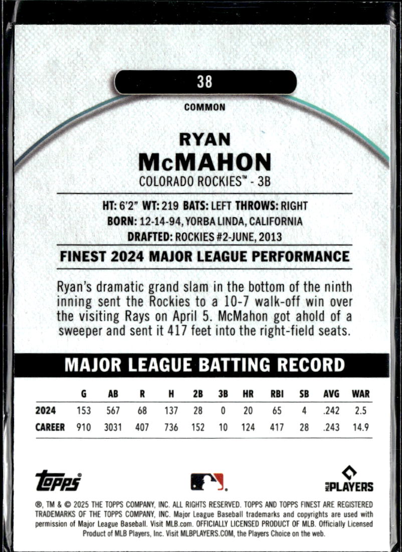 Ryan McMahon 2025 Topps Finest Blue Refractor 50/200 Colorado Rockies