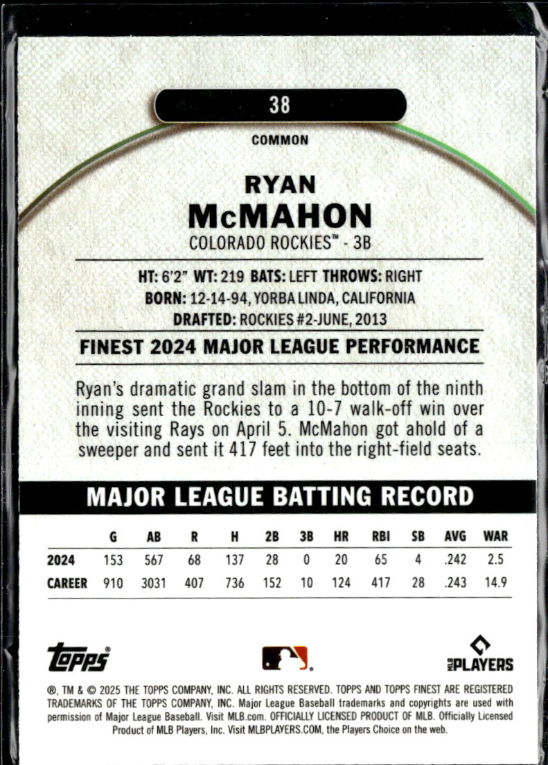 Ryan McMahon 2025 Topps Finest Purple Refractor /150 Colorado Rockies
