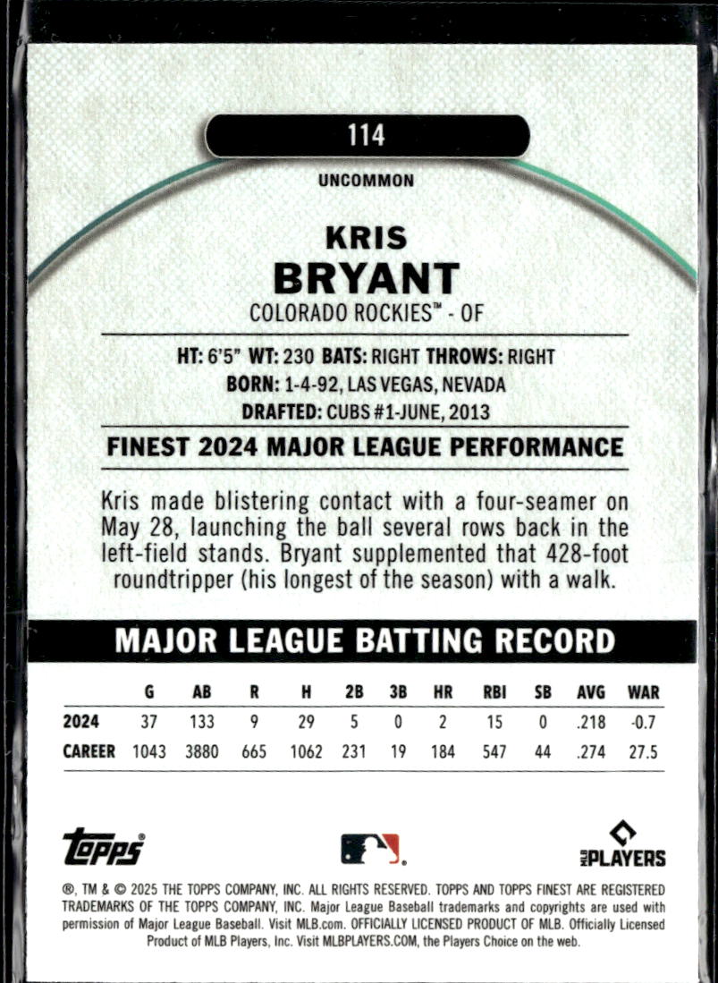 Kris Bryant 2025 Topps Finest Pink /300 Colorado Rockies