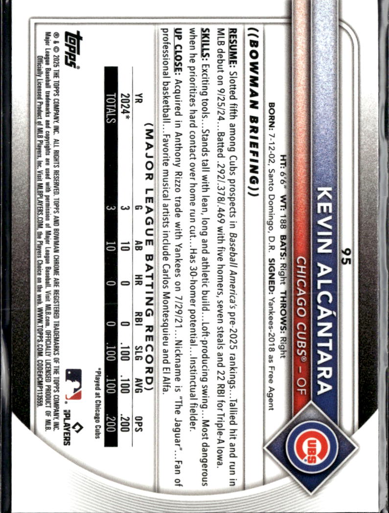 Kevin Alcantara 2025 Bowman Chrome RED Rookie Refractor RC Chicago Cubs