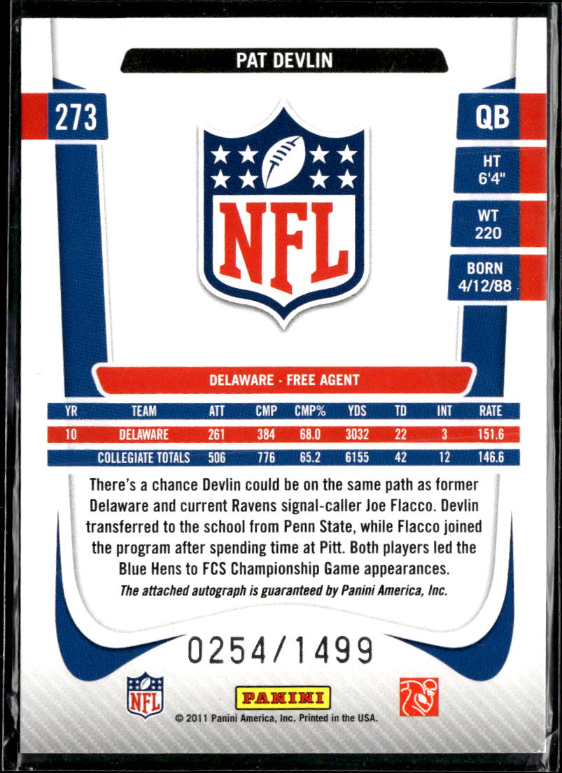 Pat Devlin 2011 Panini Prestige Auto Autograph RC 254/1499 Delaware Blue Hens