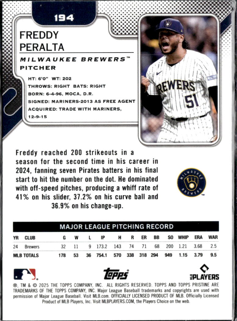 Freddy Peralta 2025 Topps Pristine Aqua Refractor /199 Milwaukee Brewers