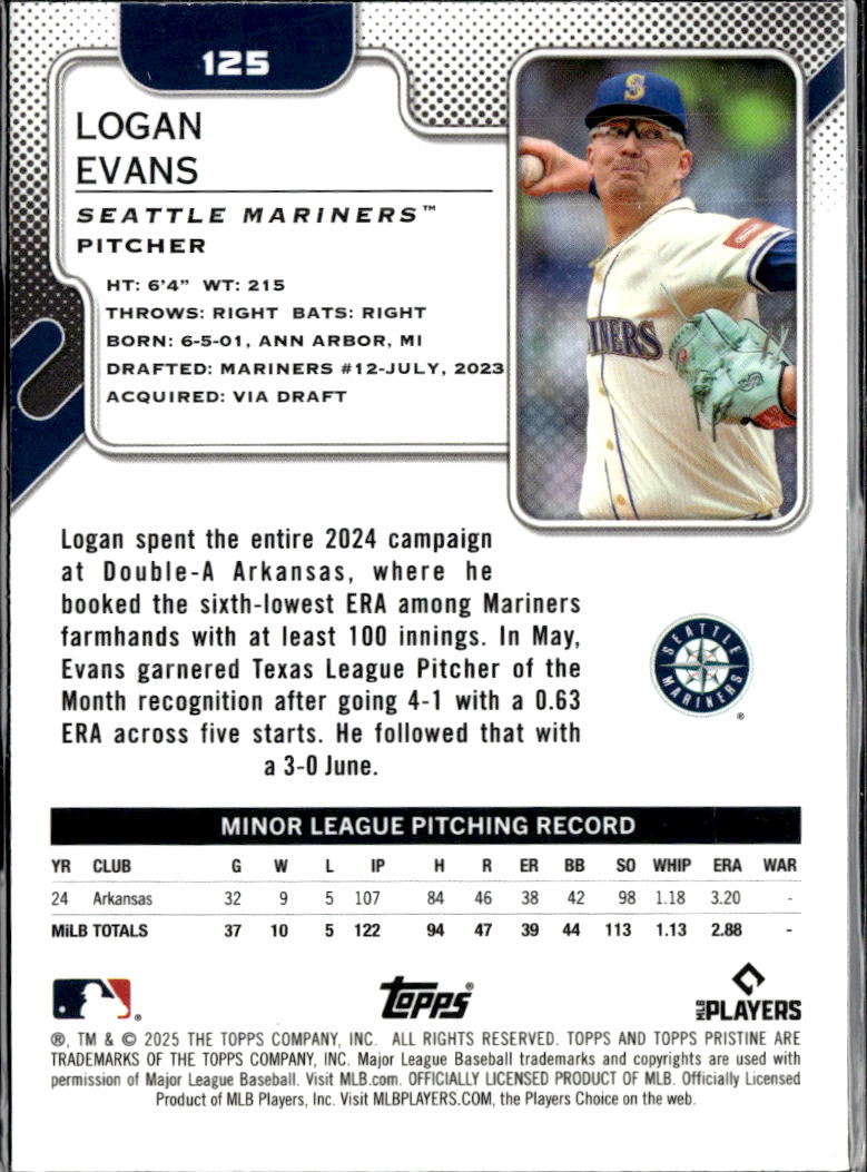 Logan Evans 2025 Topps Pristine Aqua Refractor RC /199 Seattle Mariners
