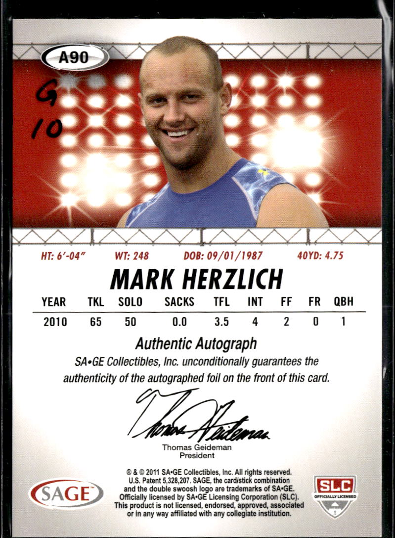 Mark Herzlich 2011 SAGE HIT Auto Autograph RC New York Giants 141/250