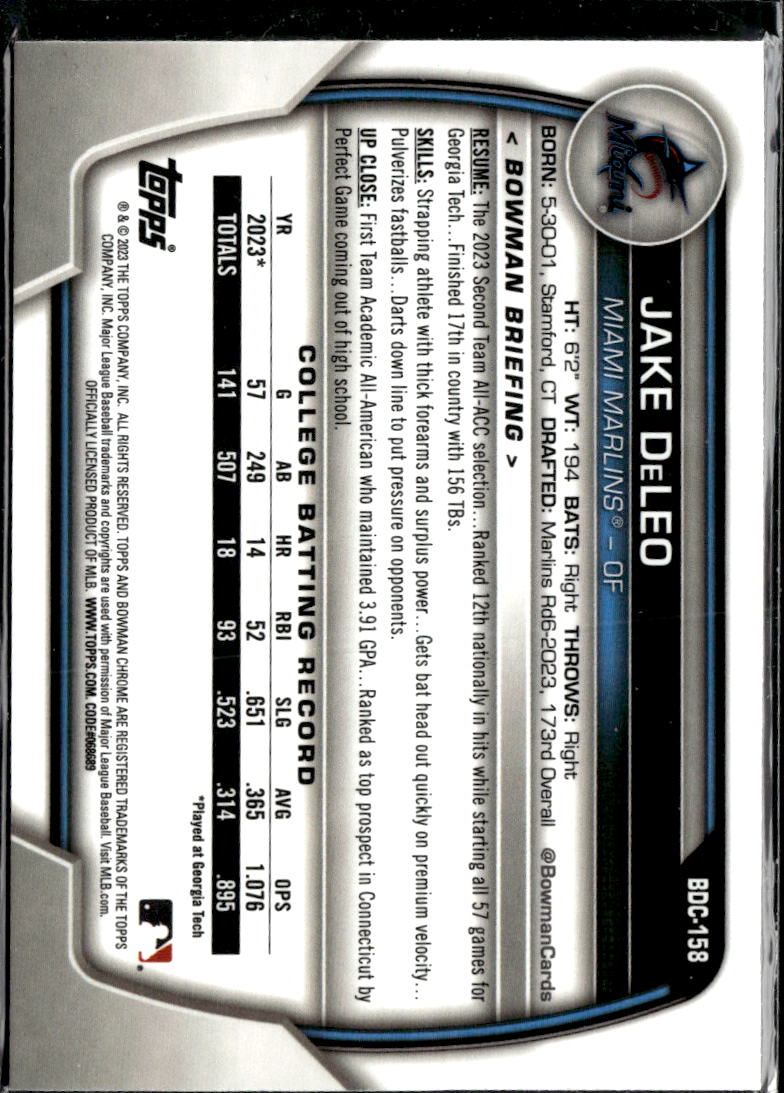 Jake DeLeo 2023 Bowman Chrome 1st Aqua Lunar Glow Refractor /125 Miami Marlins