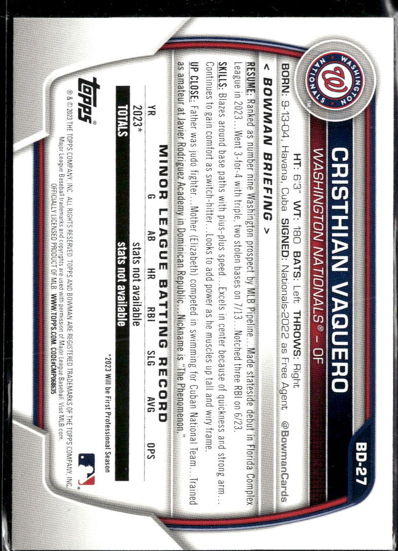 Cristhian Vaquero 2023 Bowman Draft Green /99 Washington Nationals