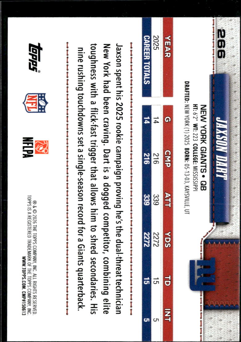 Jaxson Dart 2026 Topps Football Pigskin Leather Foil New York Giants