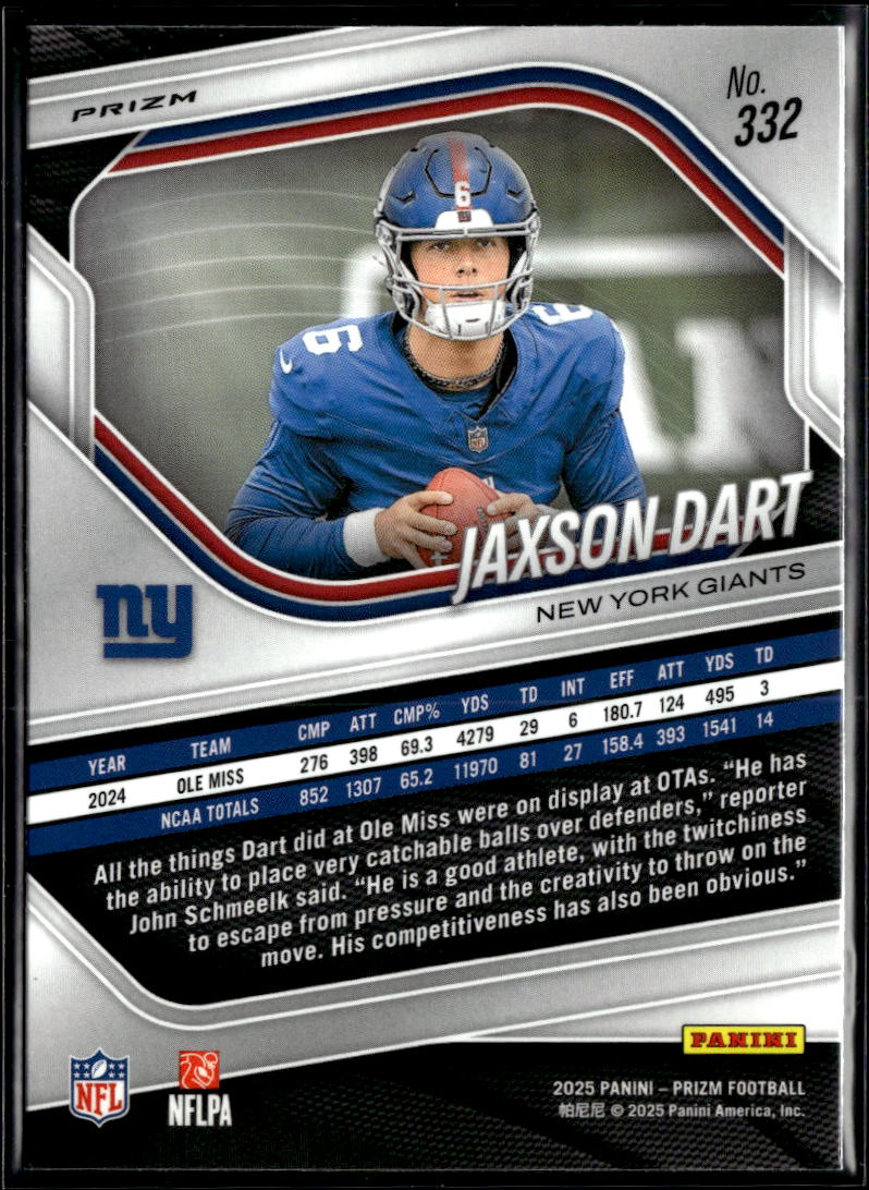 Jaxson Dart 2025 Prizm Lazer Prizm Rookie RC #332 New York Giants