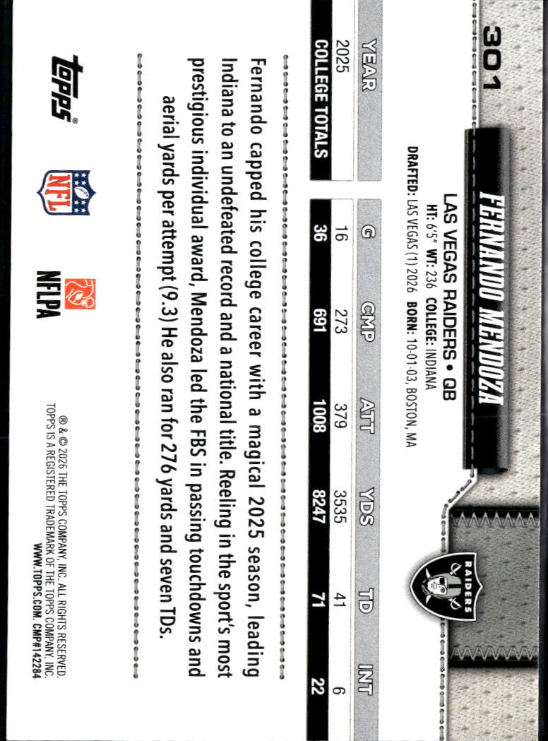 Fernando Mendoza 2026 Topps Sand Glitter Rookie RC Las Vegas Raiders