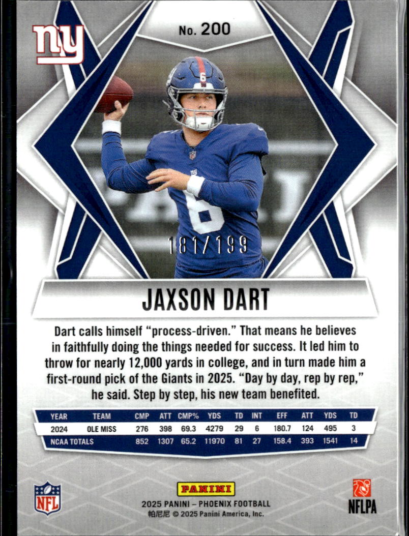 Jaxson Dart 2025 Phoenix Red Lazer Rookie RC 181/199 Ole Miss Rebels