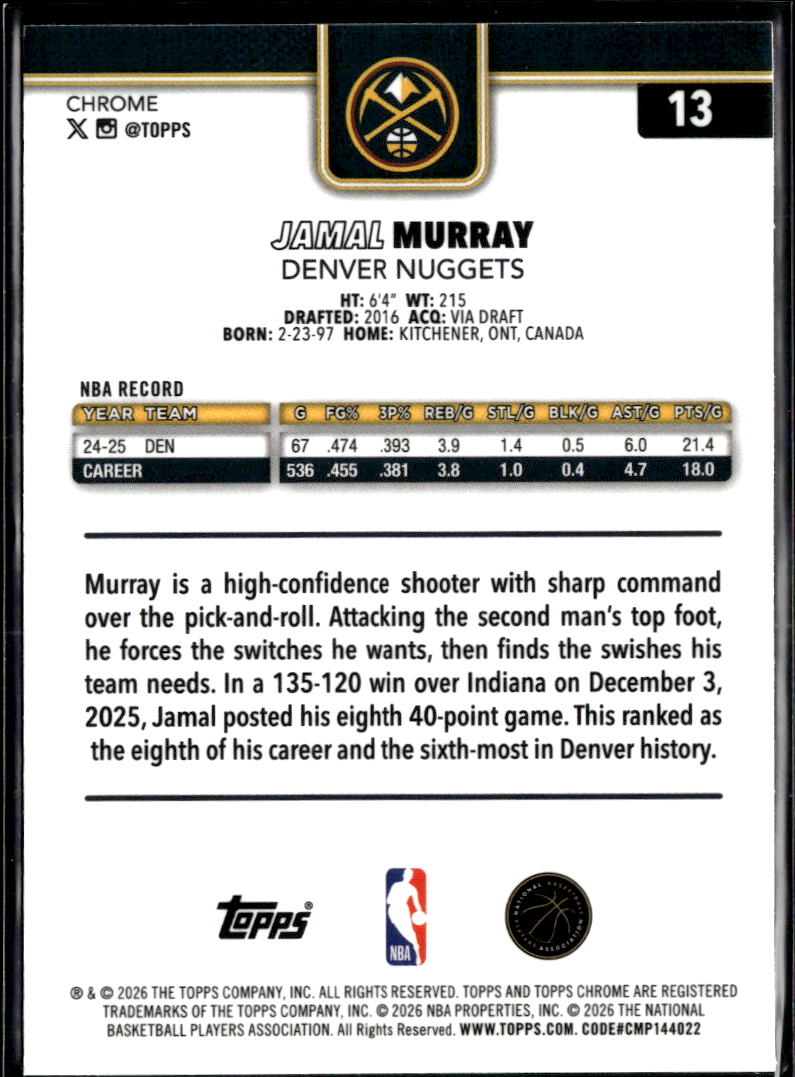 Jamal Murray 2026 Topps Chrome Image Refractor SSP Denver Nuggets