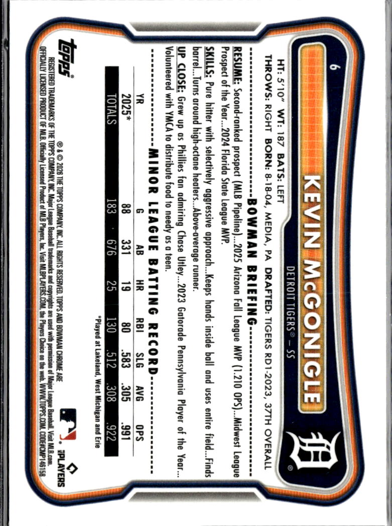 Kevin McGonigle 2026 Bowman Chrome RED Rookie Refractor RC Detroit Tigers