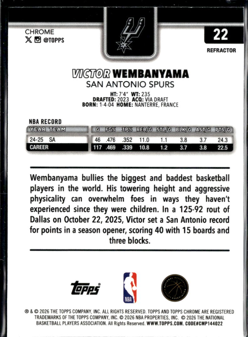Victor Wembanyama 2026 Topps Chrome Update Refractor San Antonio Spurs
