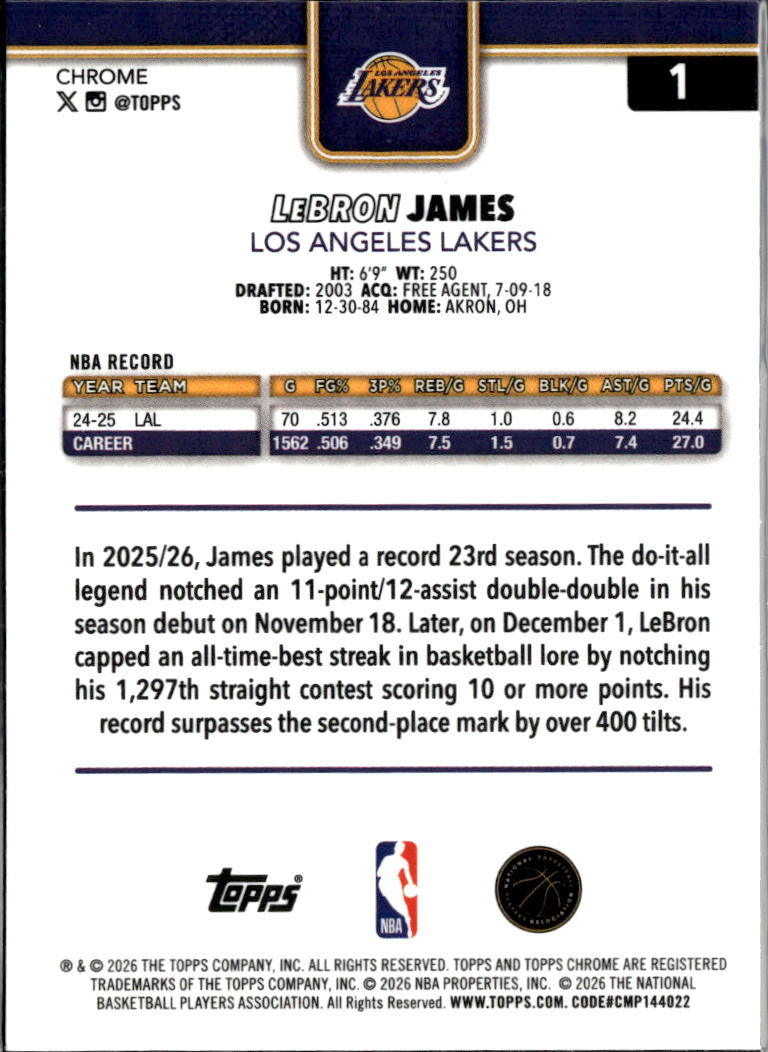 LeBron James 2026 Topps Chrome Update X-Fractor #1 Los Angeles Lakers