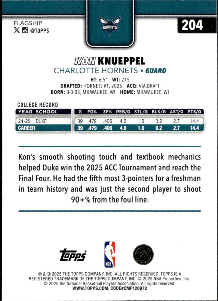 Kon Knueppel 2025 Topps Silver Ice Rookie RC Charlotte Hornets