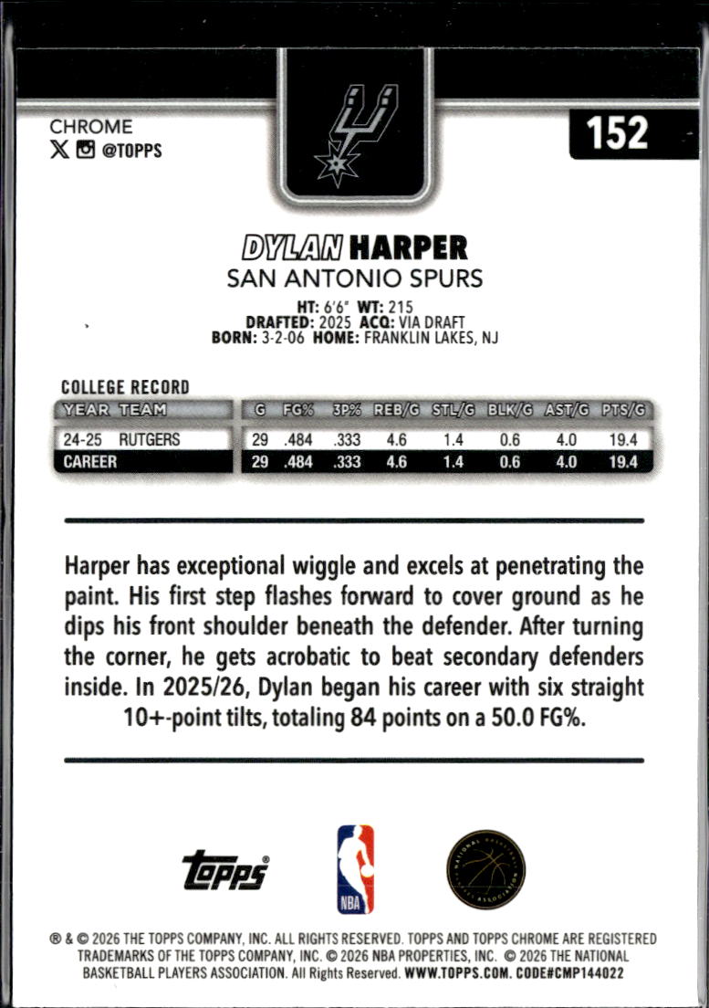 Dylan Harper 2026 Topps Chrome Update Red White Blue Rookie RC San Antonio Spurs