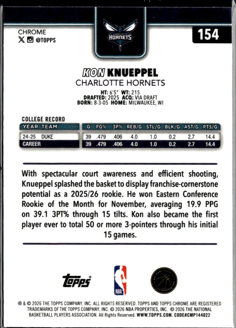 Kon Knueppel 2026 Topps Chrome Update Red White Blue RC Charlotte Hornets