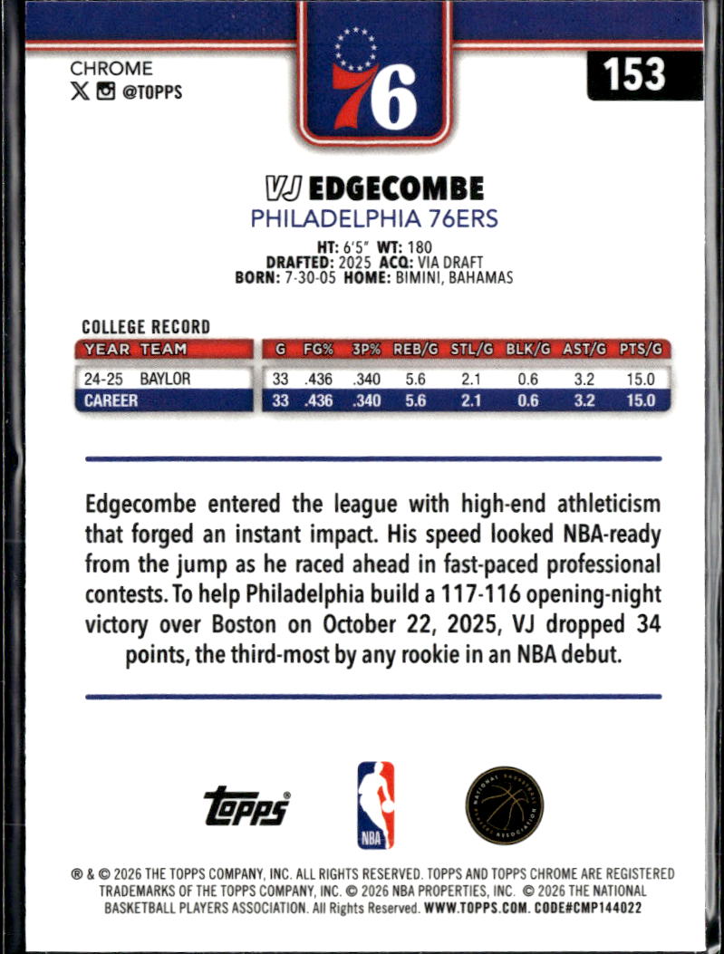 VJ Edgecombe 2026 Topps Chrome Update Red White & Blue RC Philadelphia 76ers