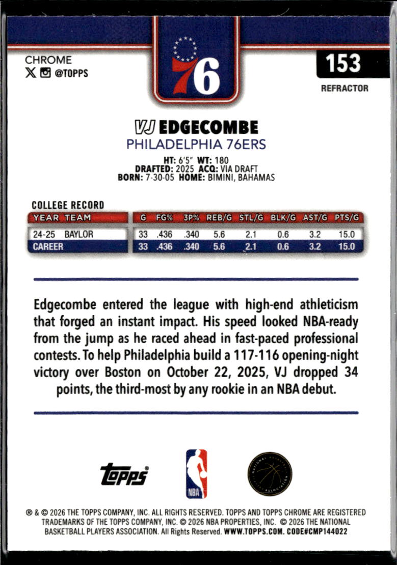 VJ Edgecombe 2026 Topps Chrome Update Rookie RC Refractor Philadelphia 76ers