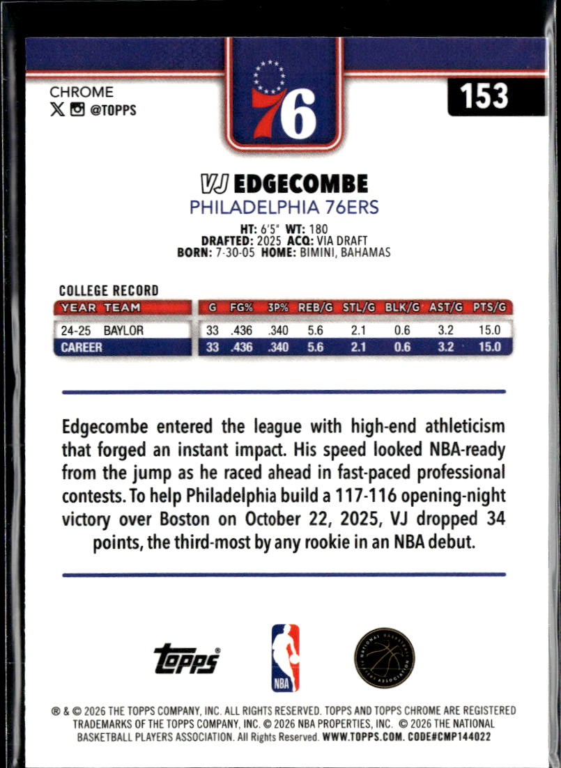 VJ Edgecombe 2026 Topps Chrome Update Rookie RC Philadelphia 76ers