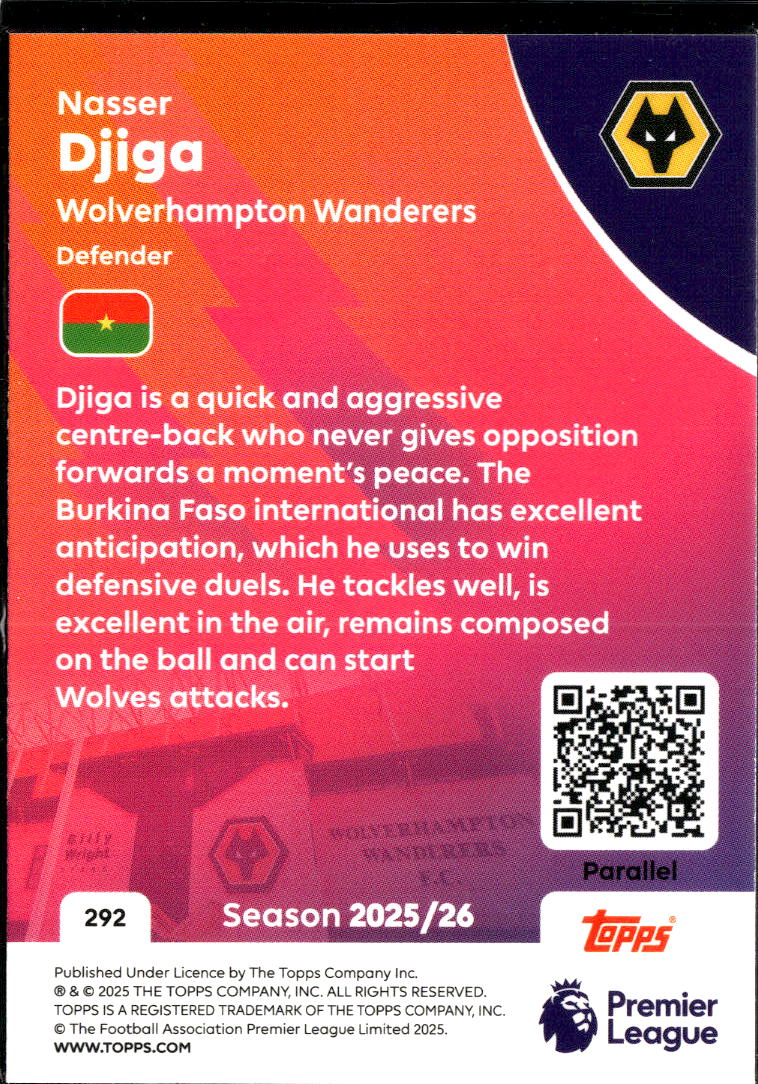 Nasser Djiga 2025 Topps Premier League RC 72/75 Wolverhampton Wanderers