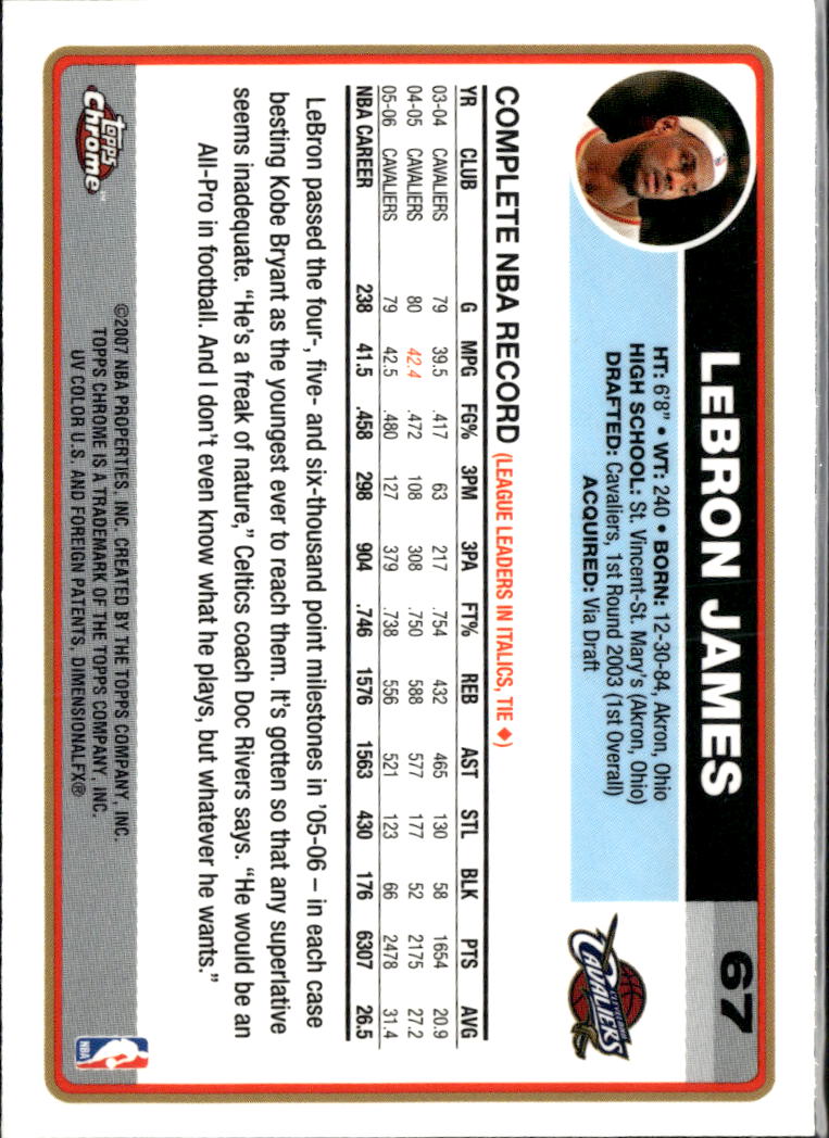 LeBron James 2006-07 Topps Chrome Card #67 Cleveland Cavaliers