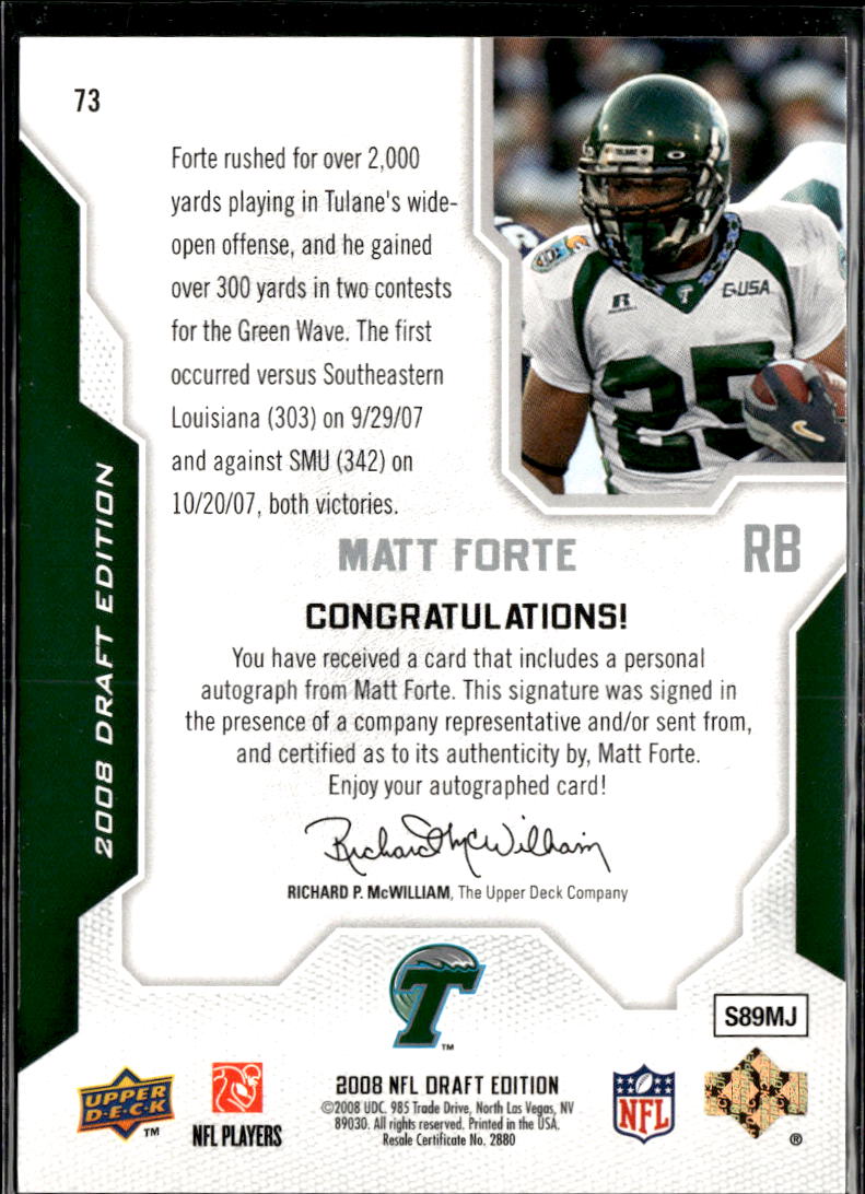 Matt Forte 2008 Upper Deck Auto Autograph RC Tulane Chicago Bears