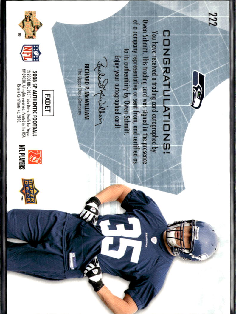 Owen Schmitt 2008 SP Authentic Auto Autograph RC /1199 West Virginia Seahawks