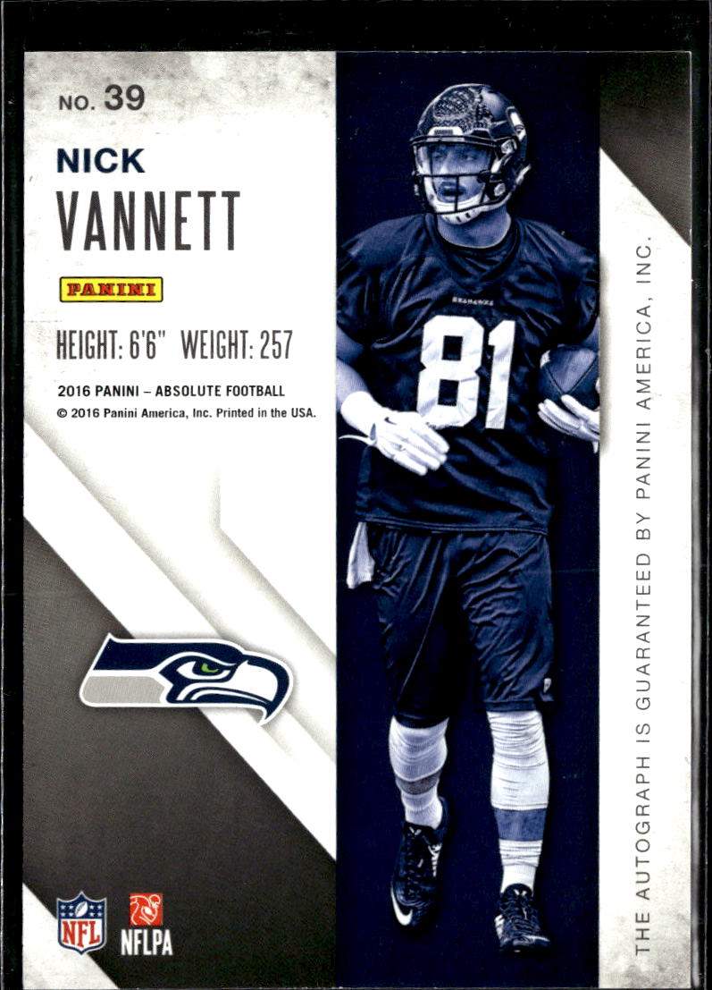 Nick Vannett 2016 Absolute Rook Ink RC Auto Autograph Seattle Seahawks