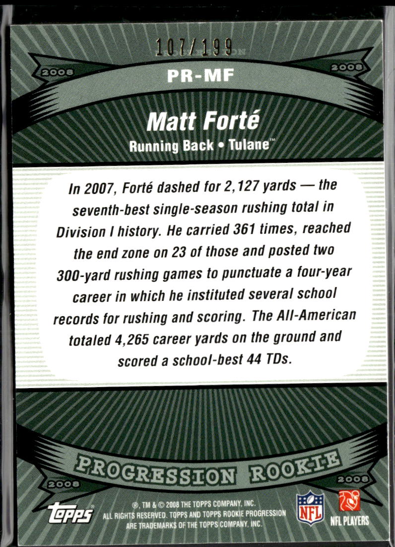 Matt Forte 2008 Topps Progression Jersey Patch RC /199 Tulane Chicago Bears