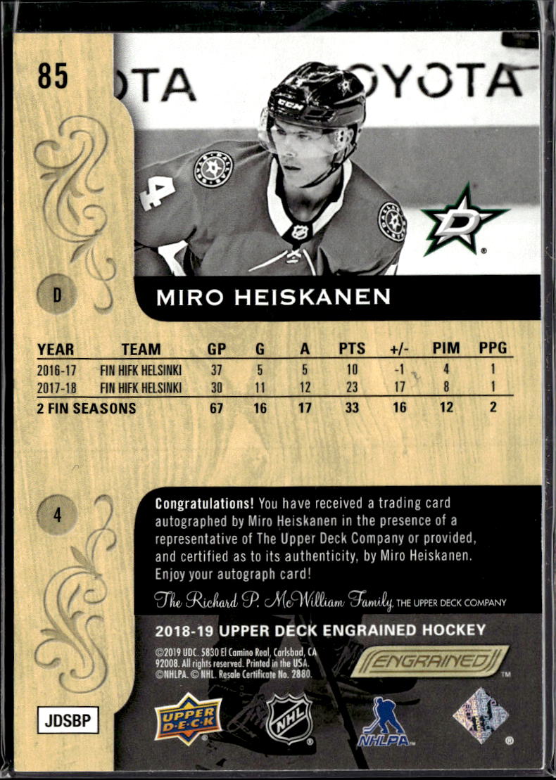 Miro Heiskanen 2018-19 Upper Deck Engrained Auto Autograph RC Dallas Stars