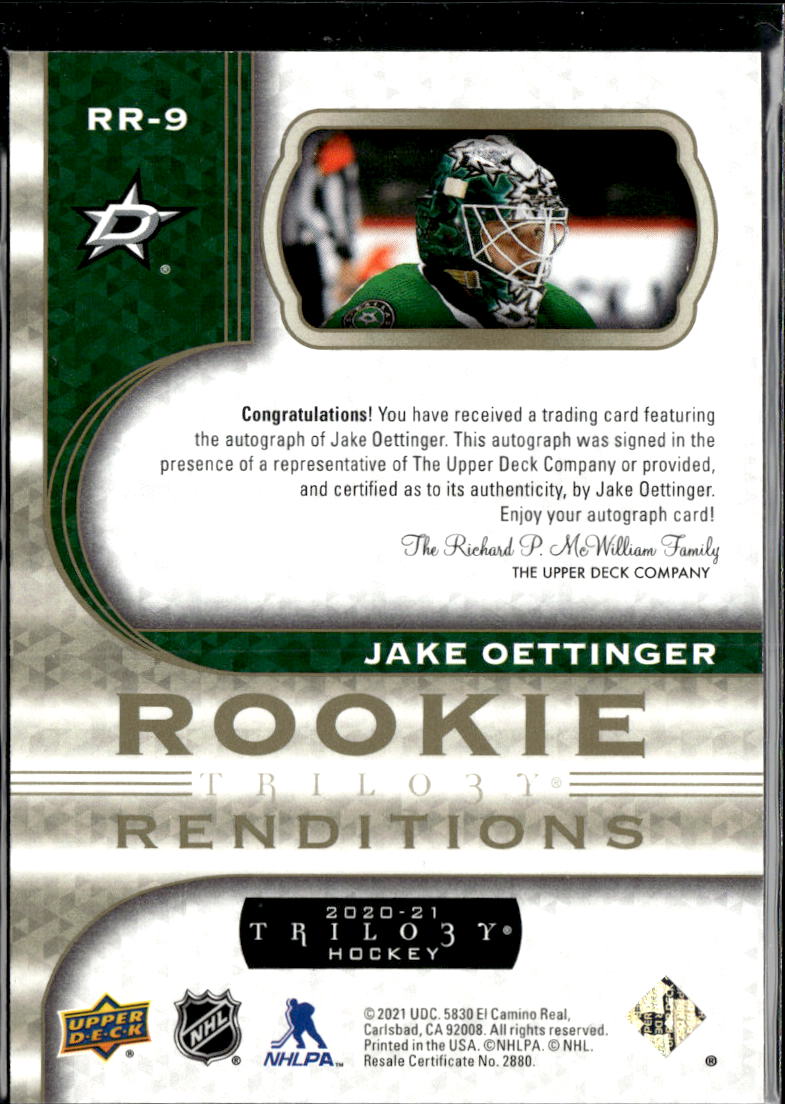 Jake Oettinger 2020-21 Upper Deck Trilogy Rookie Auto Autograph RC Dallas Stars