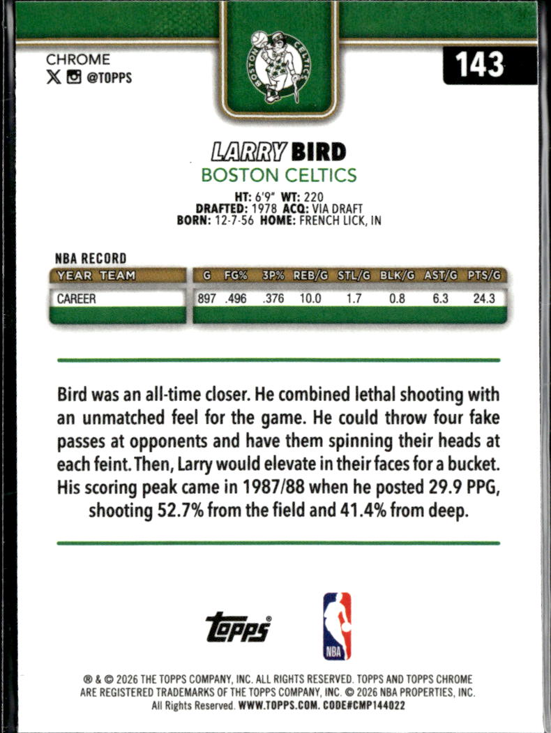 Larry Bird 2026 Topps Chrome Sapphire Update #143 Boston Celtics