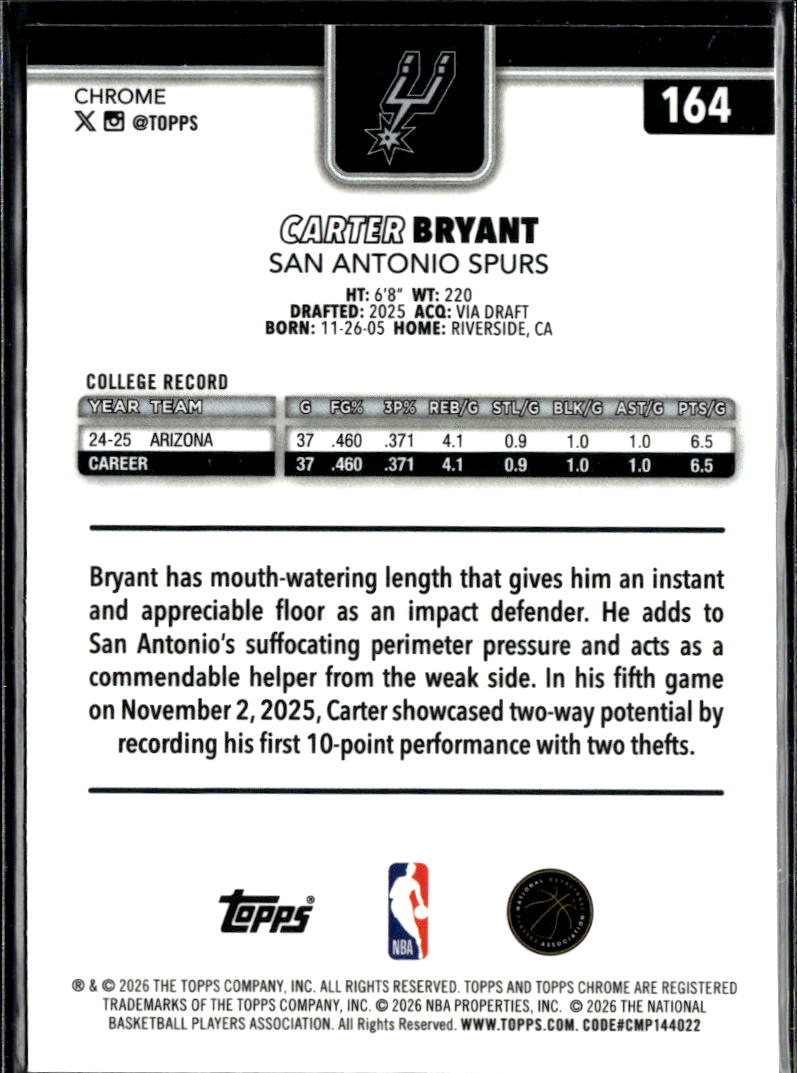 Carter Bryant 2026 Topps Chrome Sapphire Update Rookie RC San Antonio Spurs