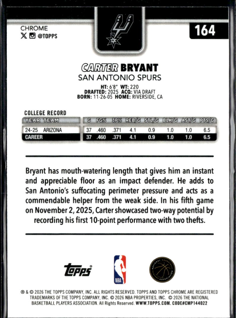 Carter Bryant 2026 Topps Chrome Update Blue Refractor RC /150 San Antonio Spurs
