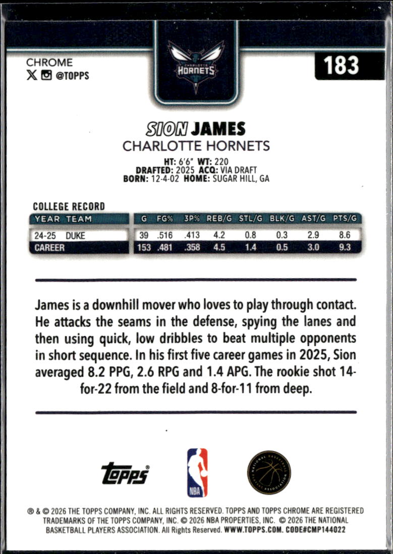Sion James 2026 Topps Chrome Update Blue RC 32/150 Charlotte Hornets