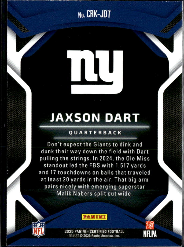 Jaxson Dart 2025 Certified Rookies RC Pink 125/199 New York Giants