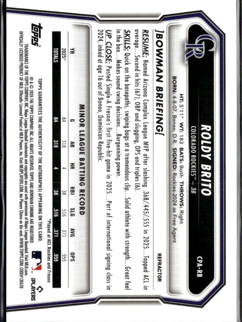 Roldy Brito 2026 Bowman Chrome 1st Auto Autograph RC 458/499 Colorado Rockies