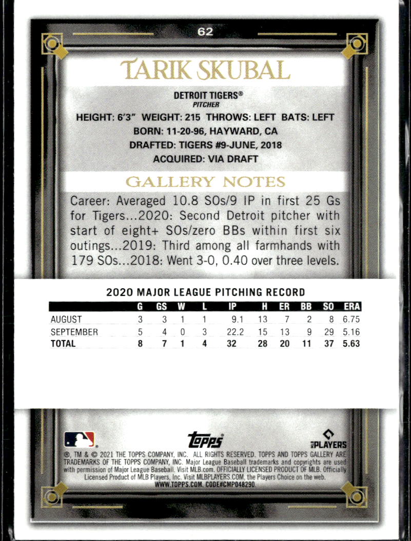 Tarik Skubal 2021 Topps Gallery Rookie RC Dodgers Detroit Tigers