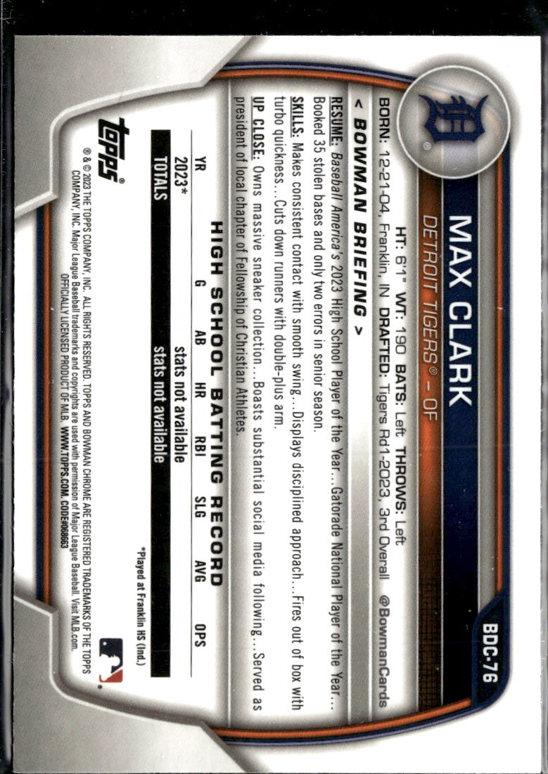 Max Clark 2023 Bowman Chrome 1st Rookie RC Detroit Tigers