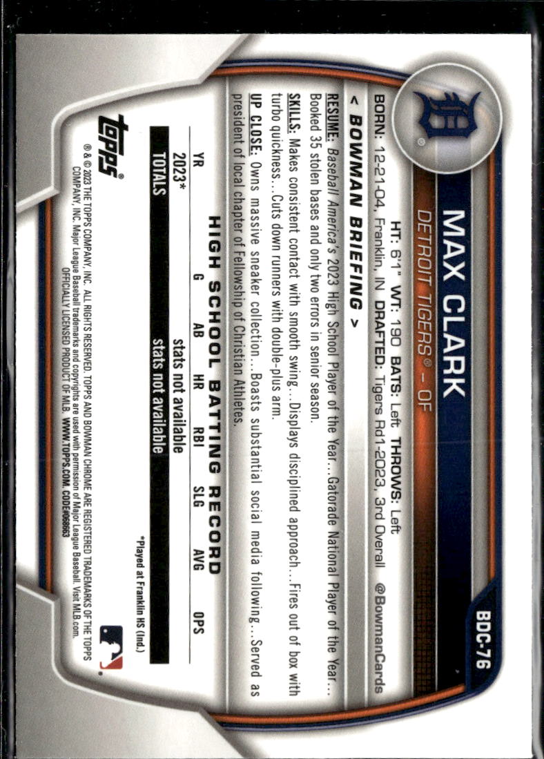 Max Clark 2023 Bowman Chrome 1st Rookie RC Detroit Tigers