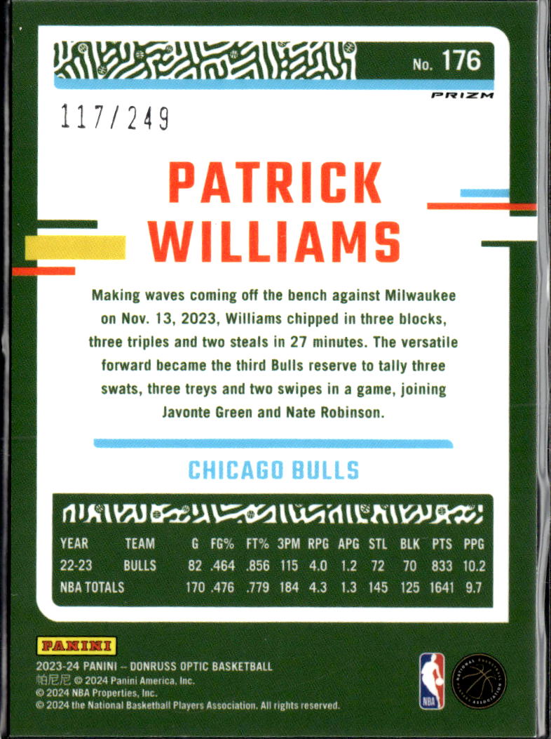 Patrick Williams 2023-24 Optic Aqua Prizm /249 Chicago Bulls